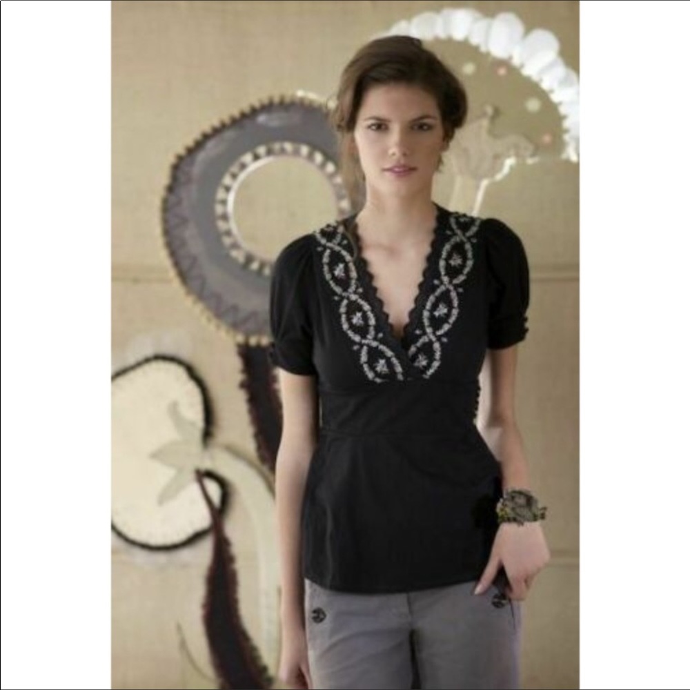 Anthropologie Ric Rac  Blue  Embroidered V-Neck Blouse